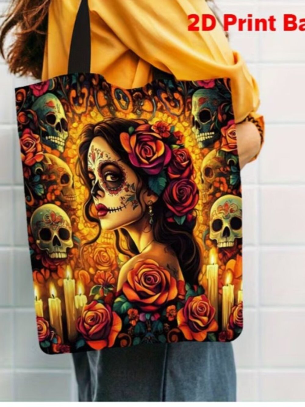 “Sugar Skull Dia de los Muertos Day of the Dead” Tote Shopping Bag NEW & PRETTY!